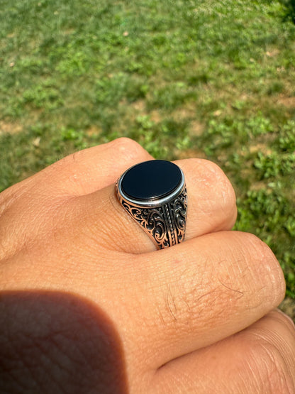 Arabian Nights Ring - 925 Silver Oxidized - Genuine Black Onyx Stone