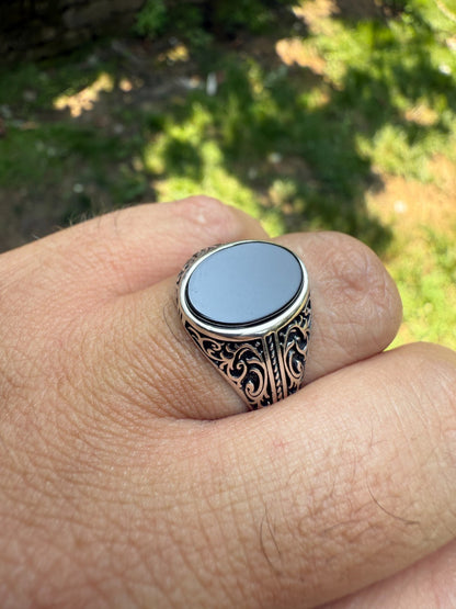 Arabian Nights Ring - 925 Silver Oxidized - Genuine Black Onyx Stone