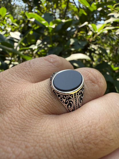 Arabian Nights Ring - 925 Silver Oxidized - Genuine Black Onyx Stone