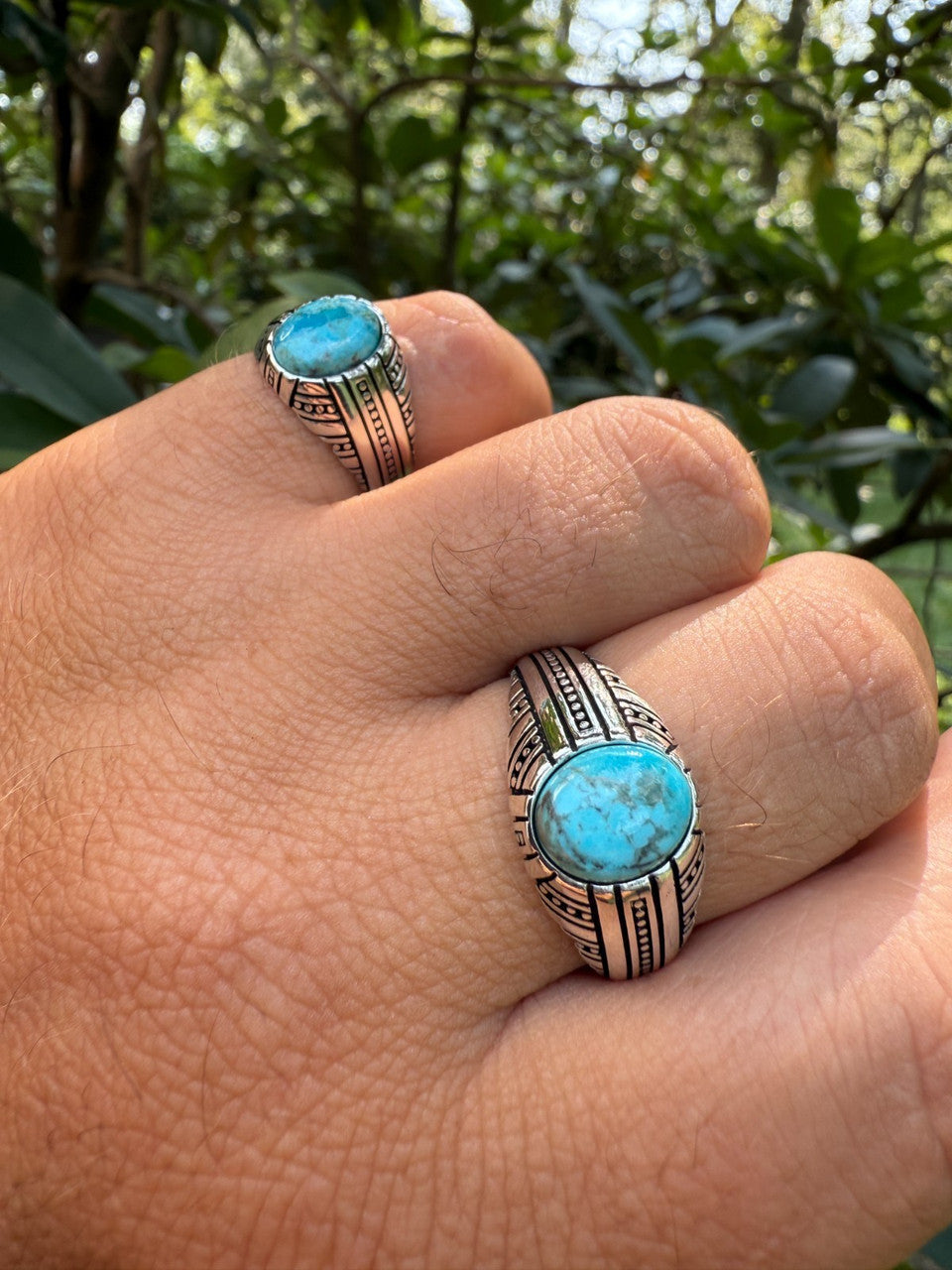 Navajo Tribe Ring - 925 Silver Oxidized - Genuine Blue Turquoise Stone