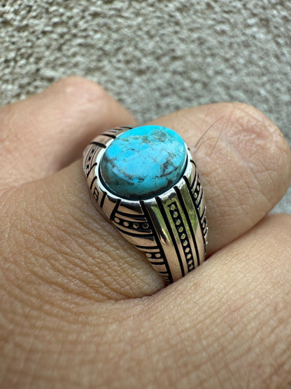 Navajo Tribe Ring - 925 Silver Oxidized - Genuine Blue Turquoise Stone