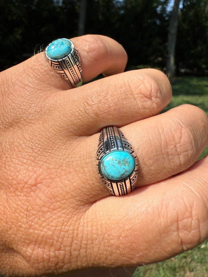 Navajo Tribe Ring - 925 Silver Oxidized - Genuine Blue Turquoise Stone