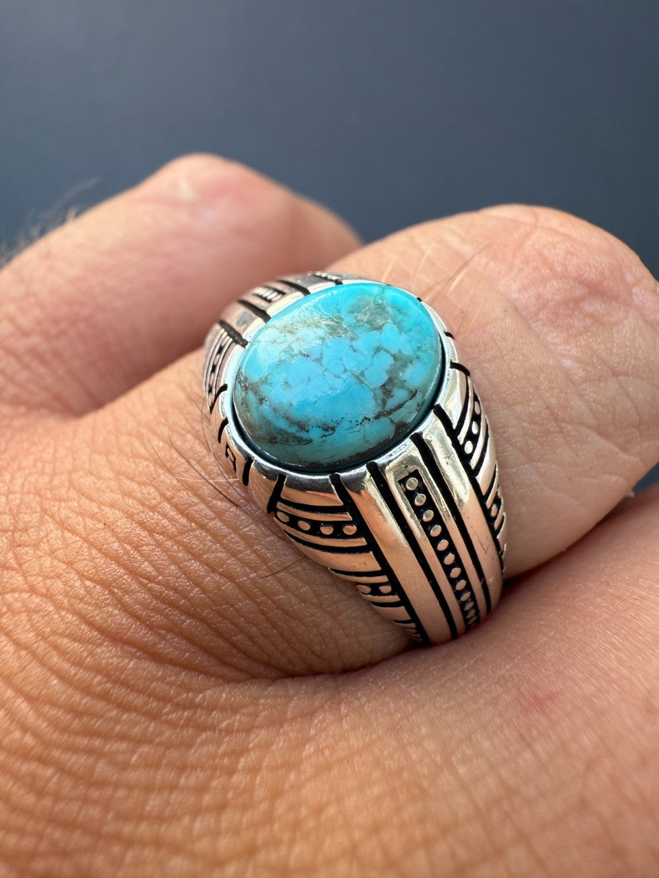 Navajo Tribe Ring - 925 Silver Oxidized - Genuine Blue Turquoise Stone