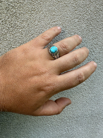 Navajo Tribe Ring - 925 Silver Oxidized - Genuine Blue Turquoise Stone
