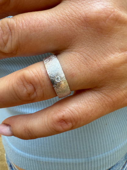 MOISSANITE Solitaire Scraped Brushed Wedding Band Ring - 925 Silver