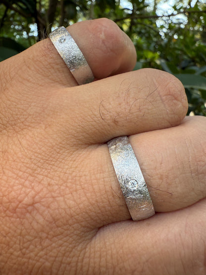 MOISSANITE Solitaire Scraped Brushed Wedding Band Ring - 925 Silver