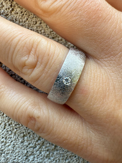 MOISSANITE Solitaire Scraped Brushed Wedding Band Ring - 925 Silver