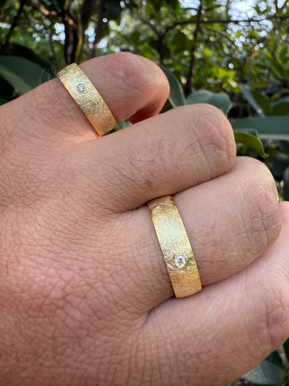 MOISSANITE Solitaire Scraped Brushed Wedding Band Ring - 14k Gold Vermeil 925 Silver