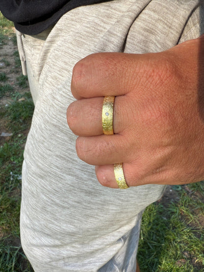 MOISSANITE Solitaire Scraped Brushed Wedding Band Ring - 14k Gold Vermeil 925 Silver