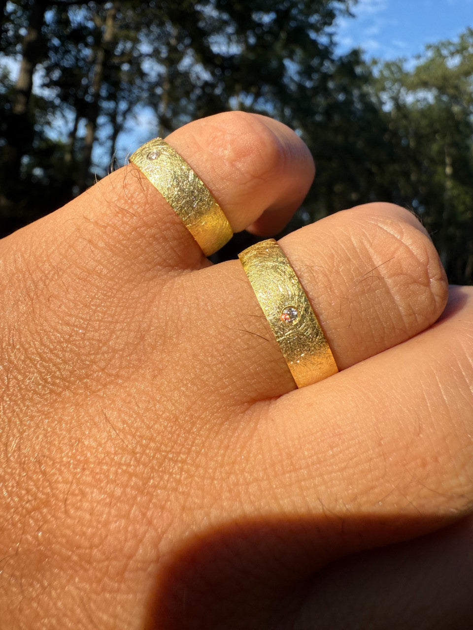 MOISSANITE Solitaire Scraped Brushed Wedding Band Ring - 14k Gold Vermeil 925 Silver