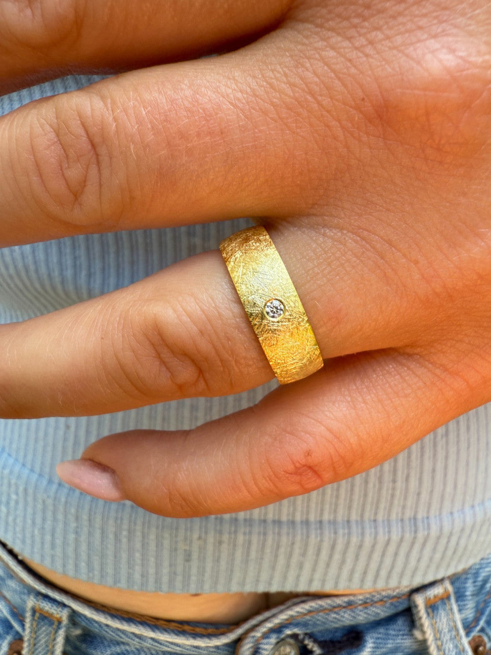 MOISSANITE Solitaire Scraped Brushed Wedding Band Ring - 14k Gold Vermeil 925 Silver