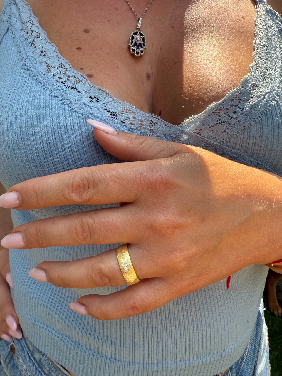 MOISSANITE Solitaire Scraped Brushed Wedding Band Ring - 14k Gold Vermeil 925 Silver