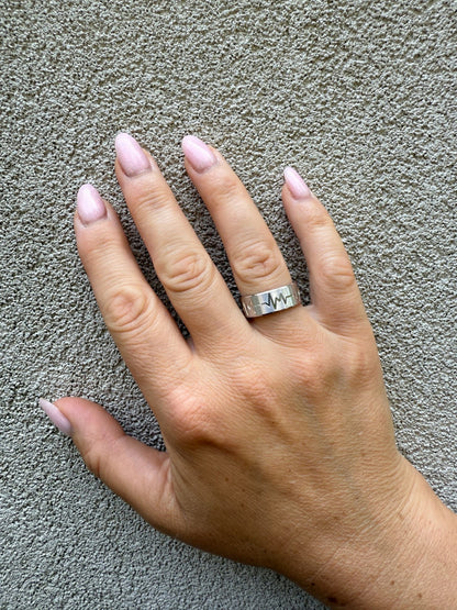 Heartbeat Pulse Wedding Band Ring - 925 Silver - Plain
