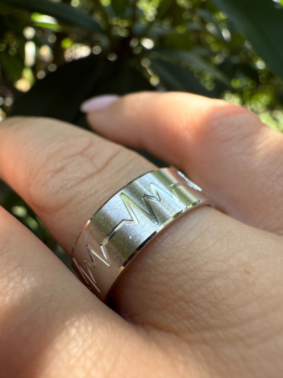Heartbeat Pulse Wedding Band Ring - 925 Silver - Plain