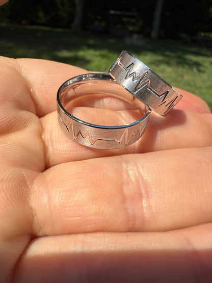 Heartbeat Pulse Wedding Band Ring - 925 Silver - Plain