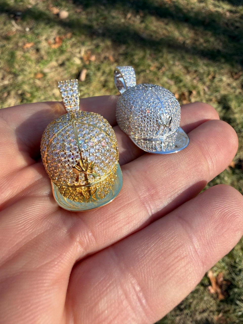 MOISSANITE New York Yankees Fitted Cap Iced Out Pendant - 14k Gold Vermeil Or 925 Silver - Medium 2"