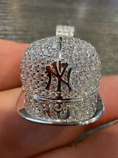 MOISSANITE New York Yankees Fitted Cap Iced Out Pendant - 14k Gold Vermeil Or 925 Silver - Medium 2"