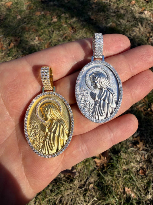 MOISSANITE Virgin Mary Sandblasted Medallion Pendant - 14k Gold Vermeil Or 925 Silver - Medium 2"