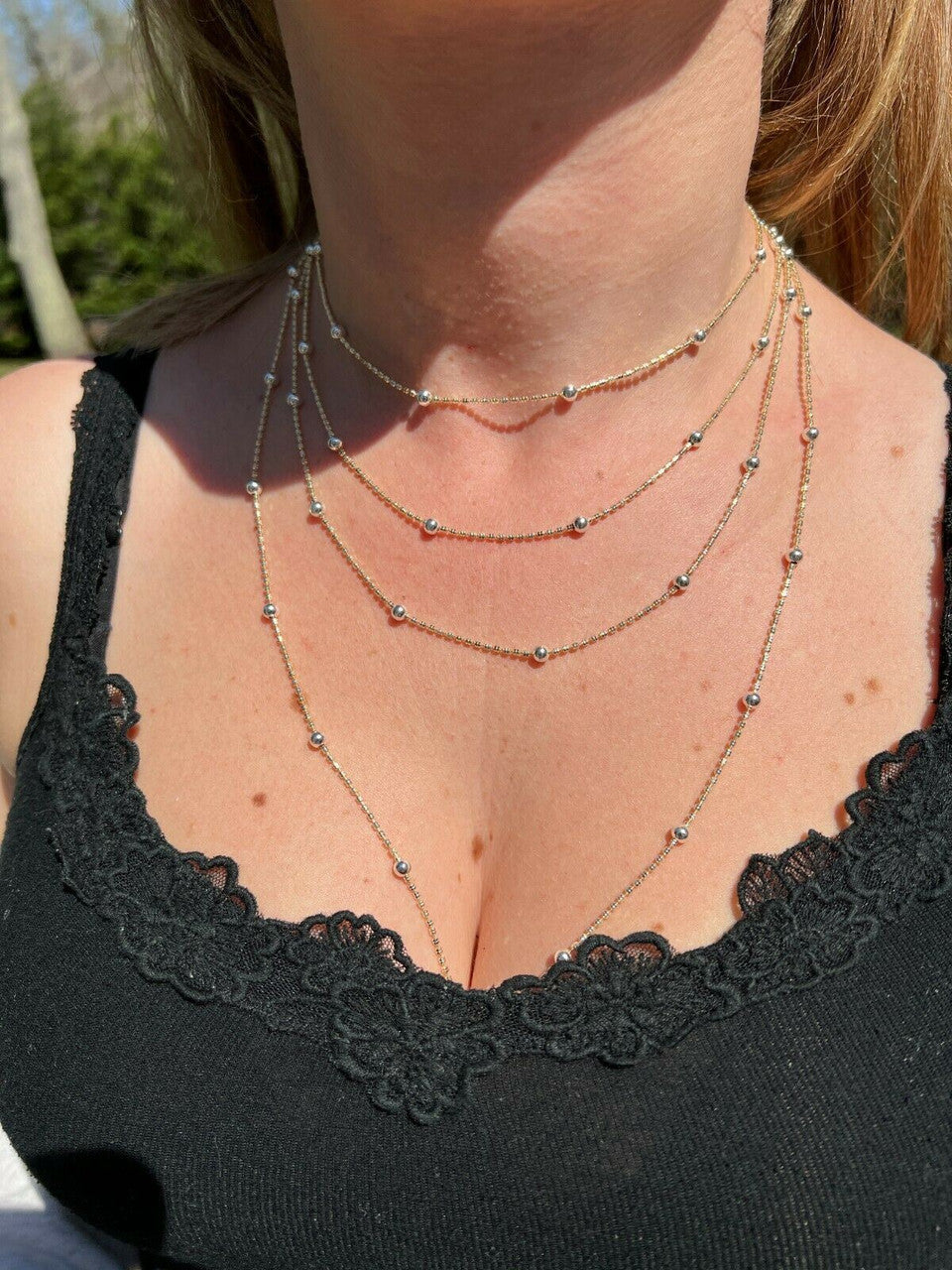 14k Gold and Real 925 Silver Diamond Cut Ice Sparkle Rope Beaded Chain Necklace