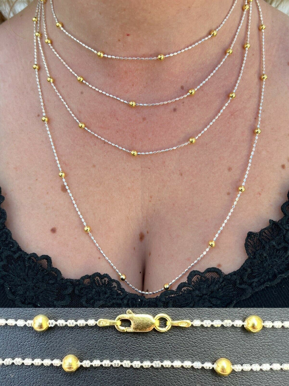 14k Gold and Real 925 Silver Diamond Cut Iced Sparkle Rope Beaded Chain Necklace