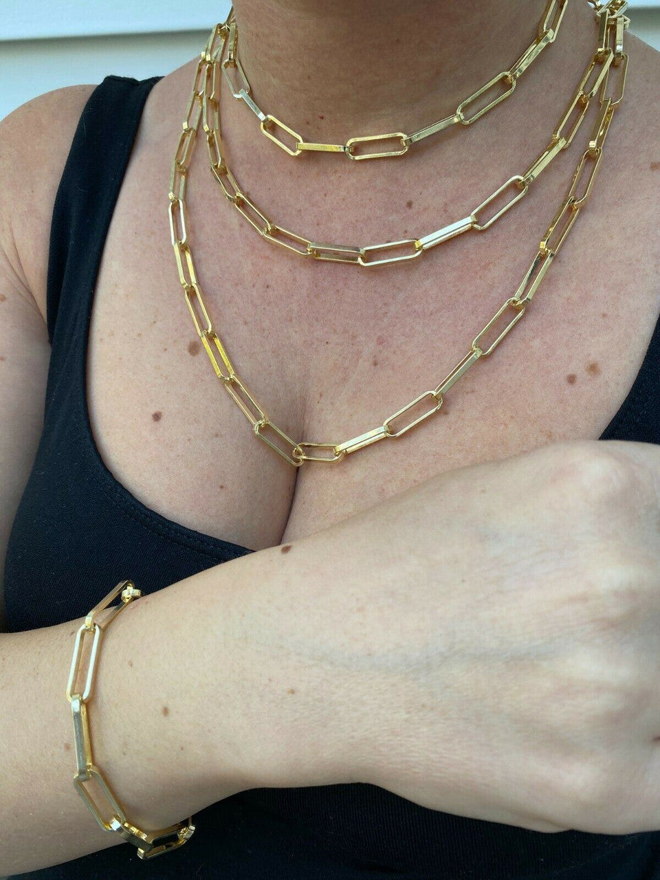 14k Gold Over Solid 925 Silver Paperclip Chain Bracelet Large 7mm Necklace Italy