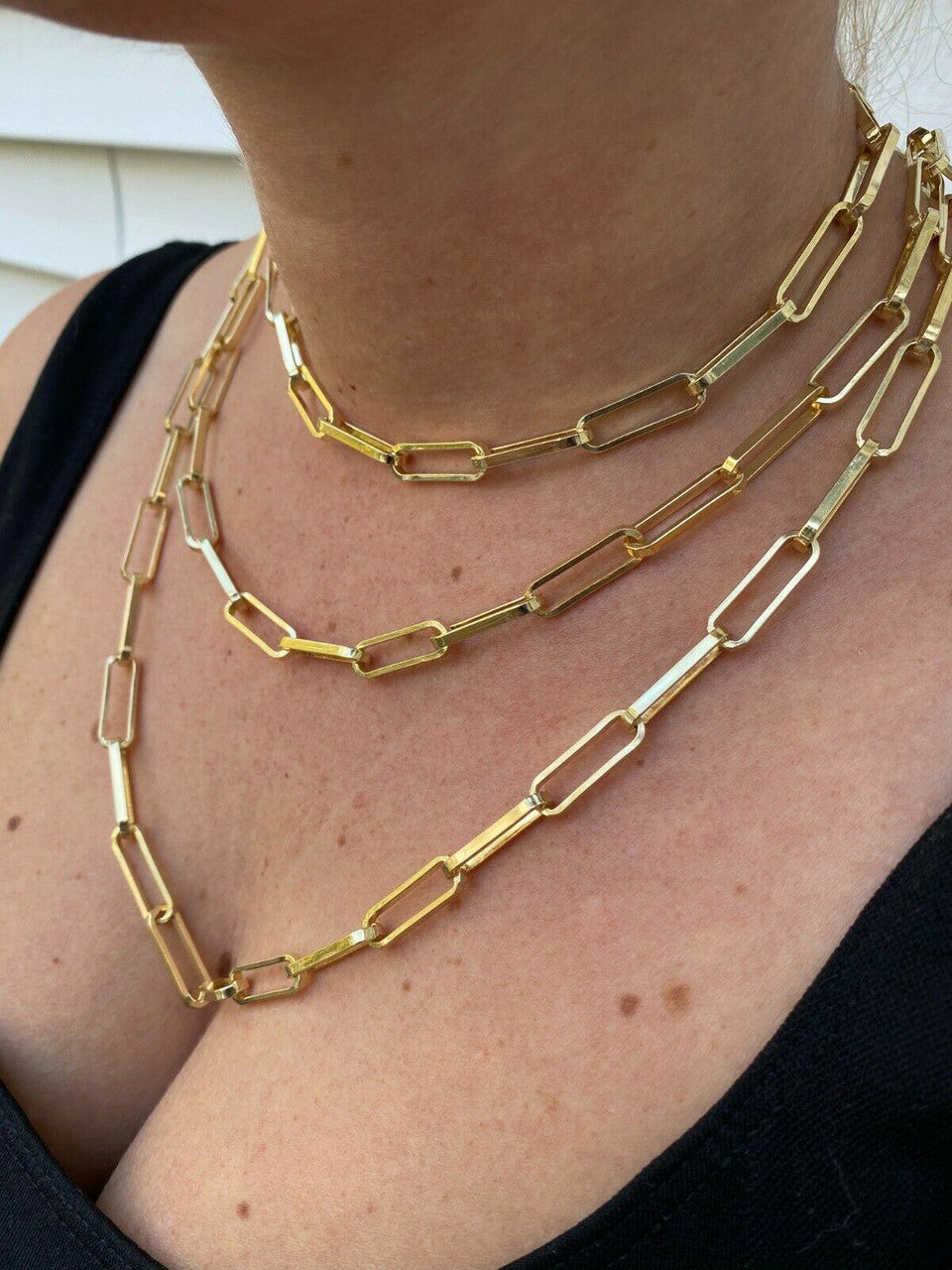 14k Gold Over Solid 925 Silver Paperclip Chain Bracelet Large 7mm Necklace Italy