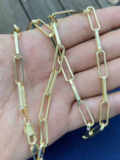 14k Gold Over Solid 925 Silver Paperclip Chain Bracelet Large 7mm Necklace Italy