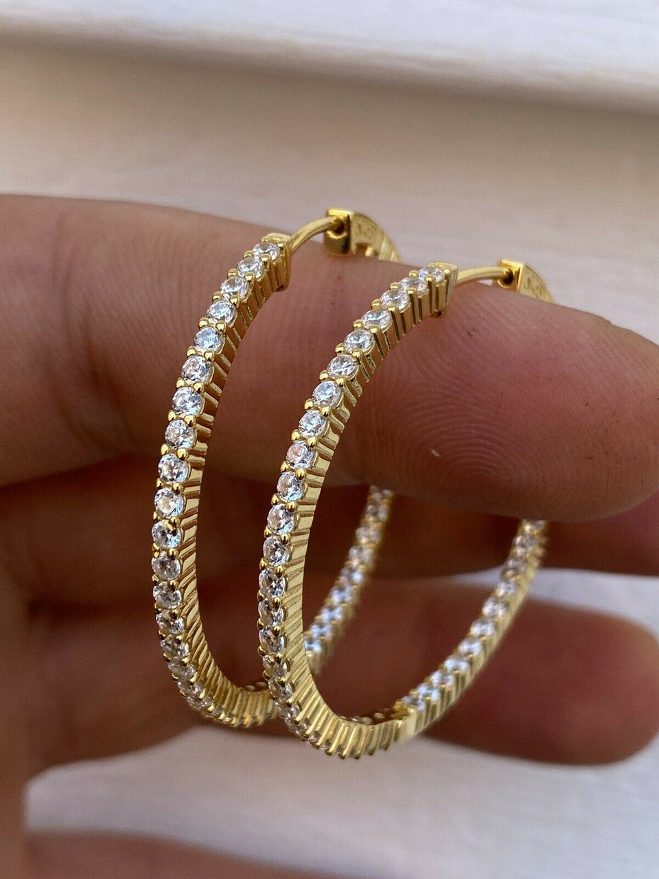 14k Gold Over Solid 925 Sterling Silver Big Diamond Endless Hoop Earrings 1.5