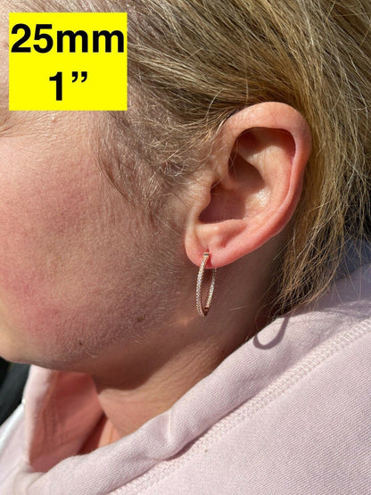 14k Rose Gold 925 Silver Endless Hoop Earrings Inside Out Diamond Huggie 18-50mm