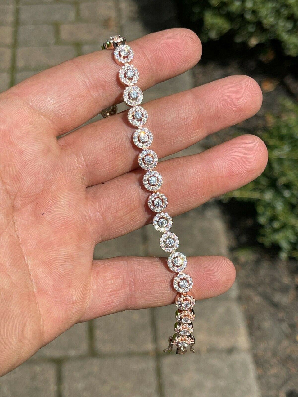 14k Rose Gold and Solid 925 Silver Tennis Bracelet Real Iced Flooded Out Diamond