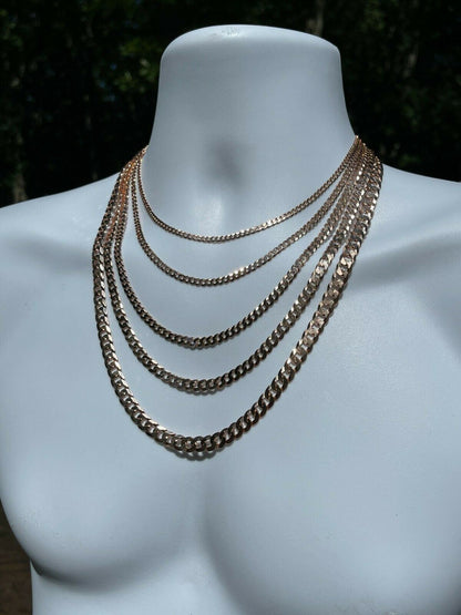14k Rose Gold Vermeil REAL Solid 925 Silver Flat Cuban Link Chain Necklace 3-8mm