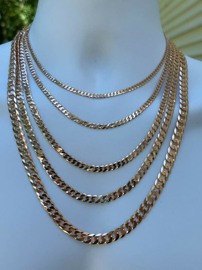14k Rose Gold Vermeil REAL Solid 925 Silver Flat Cuban Link Chain Necklace 3-8mm