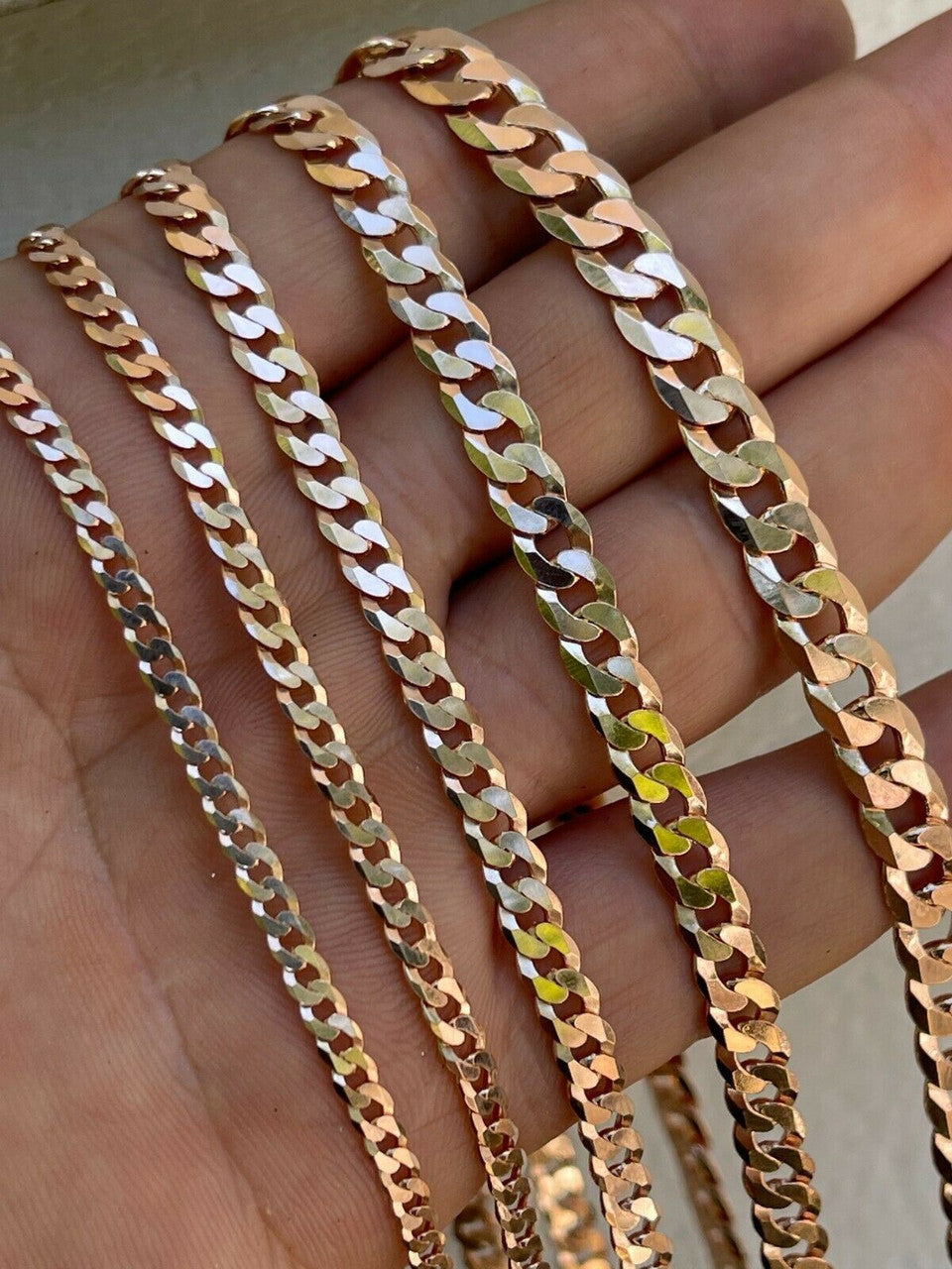 14k Rose Gold Vermeil REAL Solid 925 Silver Flat Cuban Link Chain Necklace 3-8mm