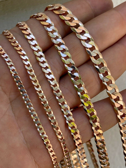 14k Rose Gold Vermeil REAL Solid 925 Silver Flat Cuban Link Chain Necklace 3-8mm