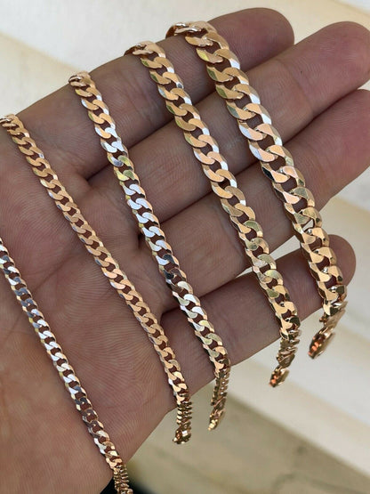 14k Rose Gold Vermeil REAL Solid 925 Silver Flat Cuban Link Chain Necklace 3-8mm