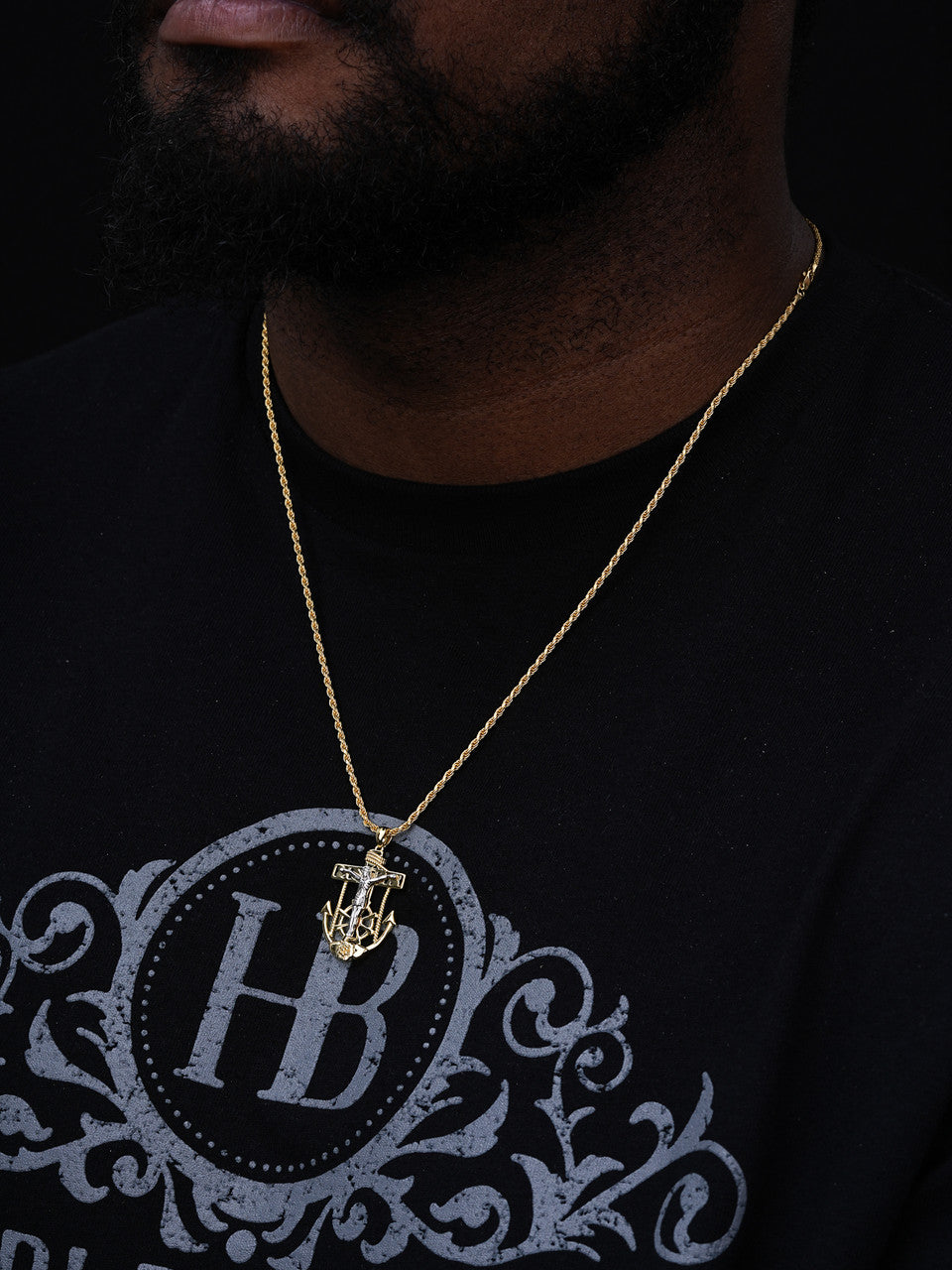 Jesus Crucifix & Anchor Pendant - 14k Gold Vermeil & 925 Silver Accents - Small 1.25"