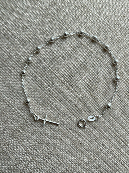 4mm Rosary Bead Rosario Cross Ladies Bracelet Genuine 925 Sterling Silver Italy