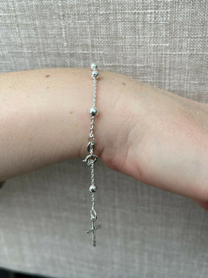 4mm Rosary Bead Rosario Cross Ladies Bracelet Genuine 925 Sterling Silver Italy
