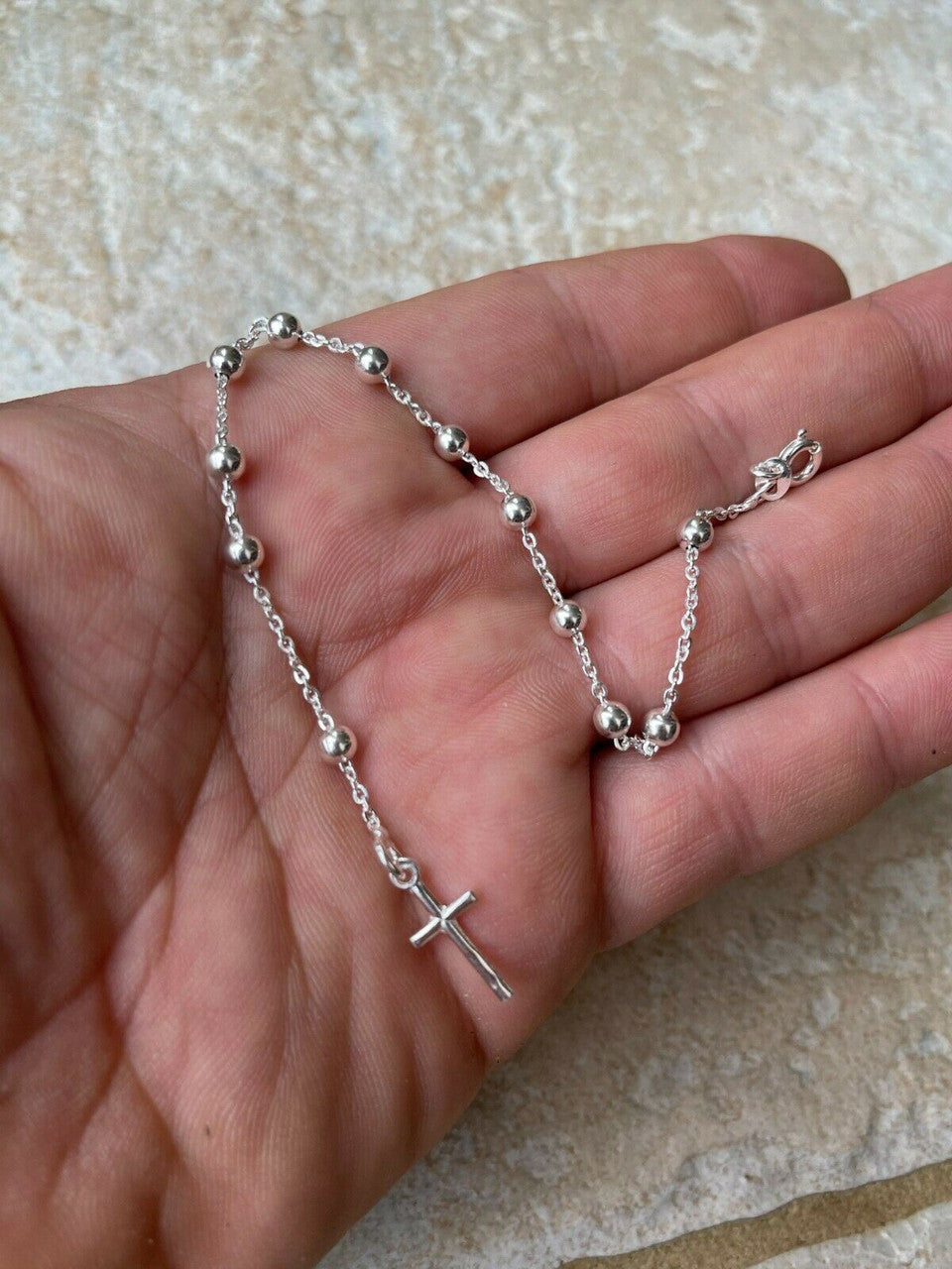 4mm Rosary Bead Rosario Cross Ladies Bracelet Genuine 925 Sterling Silver Italy