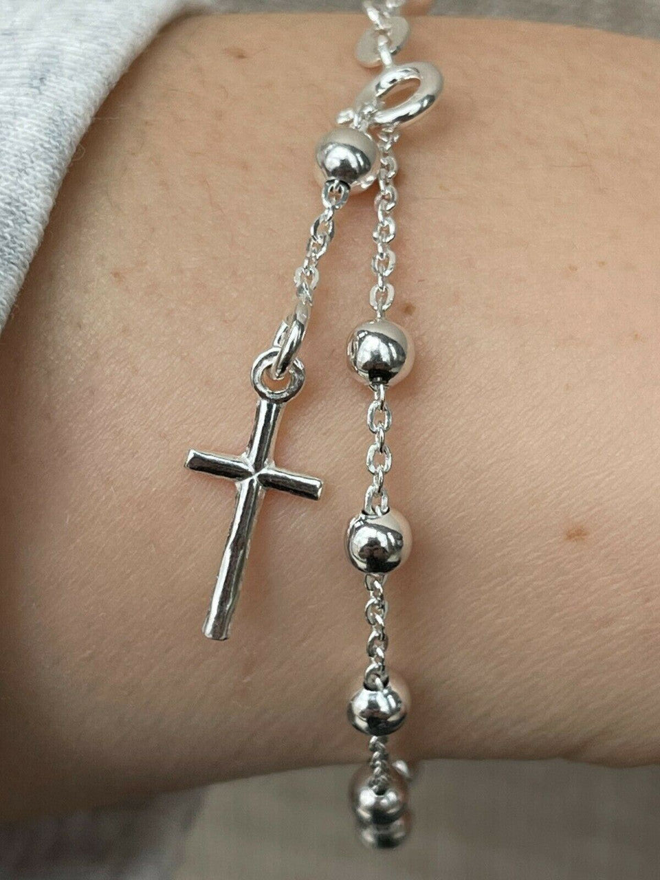 4mm Rosary Bead Rosario Cross Ladies Bracelet Genuine 925 Sterling Silver Italy