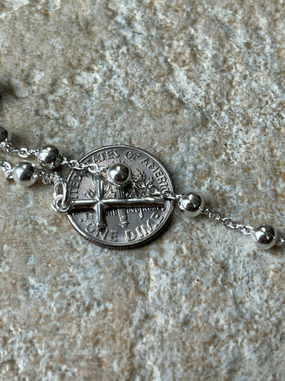 4mm Rosary Bead Rosario Cross Ladies Bracelet Genuine 925 Sterling Silver Italy