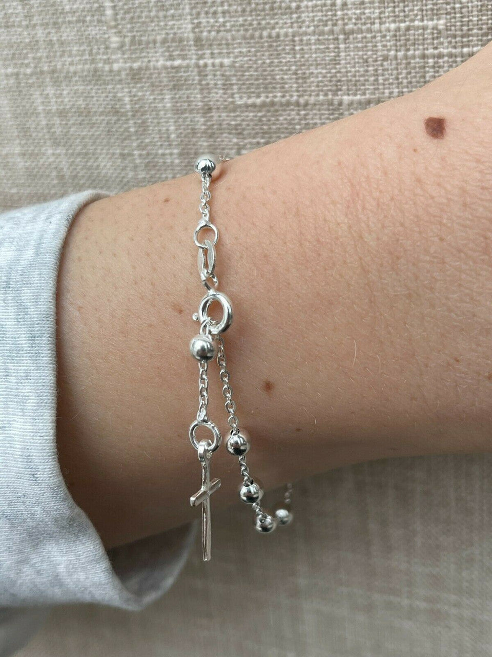 4mm Rosary Bead Rosario Cross Ladies Bracelet Genuine 925 Sterling Silver Italy