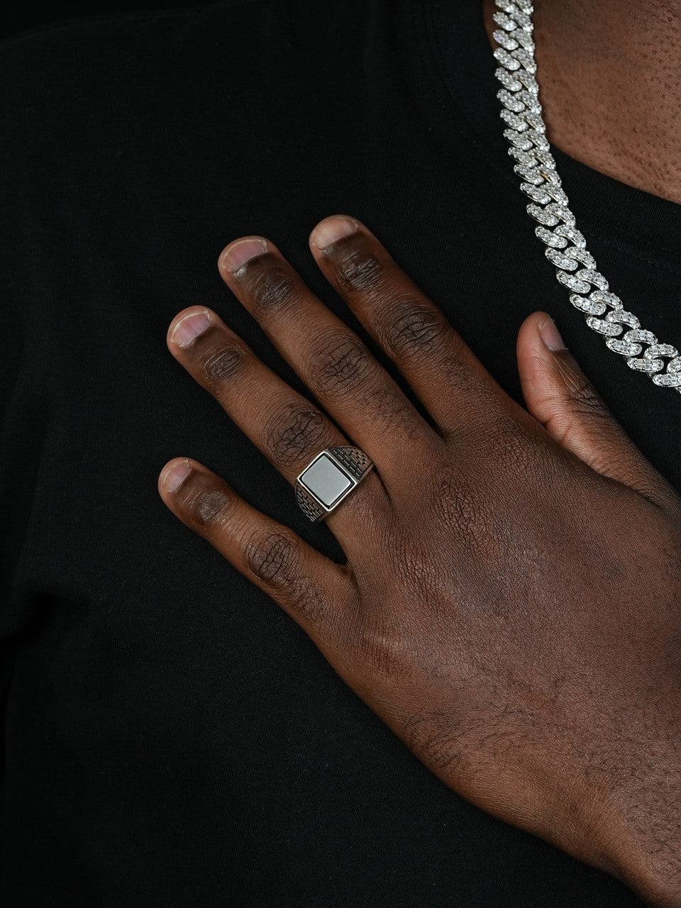 Classic Brick Road Ring - 925 Silver Oxidized - Genuine Black Onyx Stone
