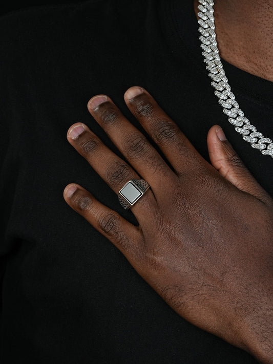 Classic Brick Road Ring - 925 Silver Oxidized - Genuine Black Onyx Stone
