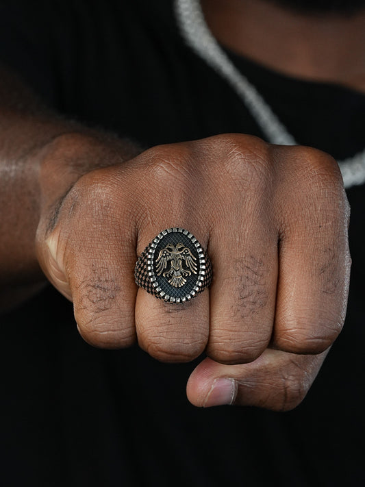 Albanian Eagle Ring - 925 Silver Oxidized W. Gold Accent - Plain