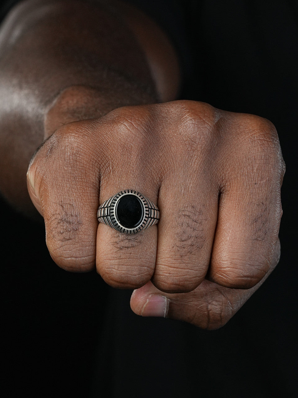 Oval Eye Ring - 925 Silver Oxidized - Genuine Black Onyx Stone