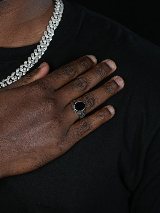 Oval Eye Ring - 925 Silver Oxidized - Genuine Black Onyx Stone