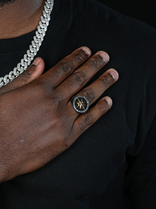 Sailor's Compass Ring - 925 Silver Oxidized W. Gold Accent - Plain