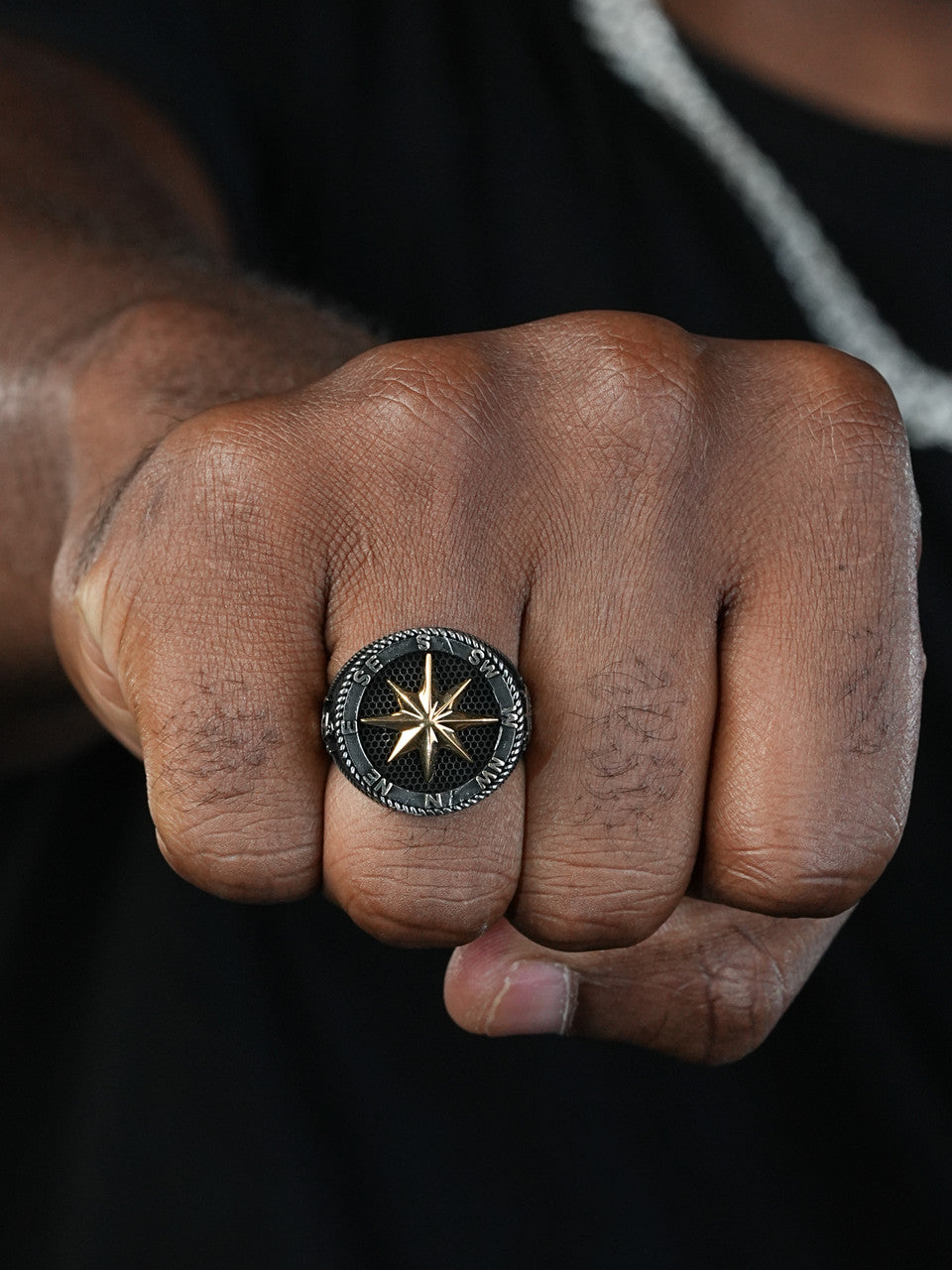 Sailor's Compass Ring - 925 Silver Oxidized W. Gold Accent - Plain
