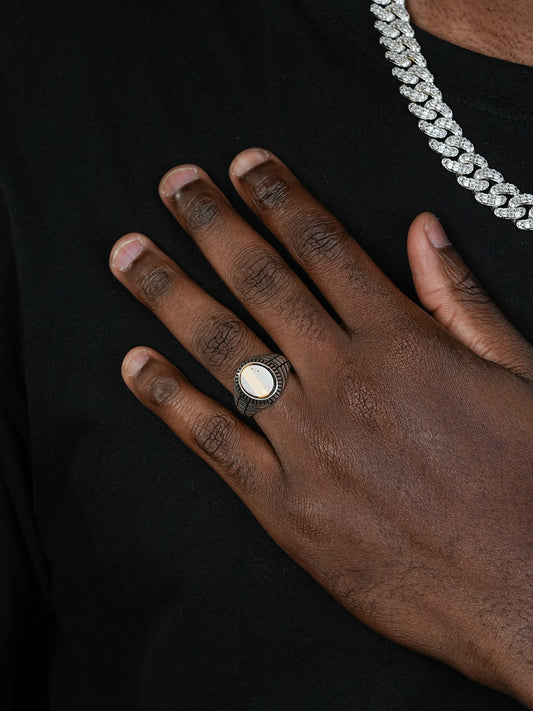 Oval Eye Ring - 925 Silver Oxidized - Genuine Tiger's Eye Stone